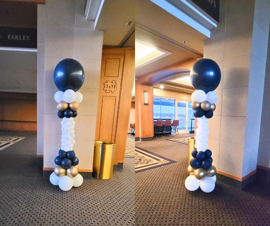 Empire balloon columns in white blue and gold for Notre Dame