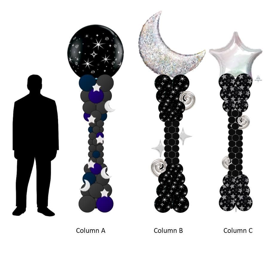 A silhouette of a man standing next to three columns of balloons.