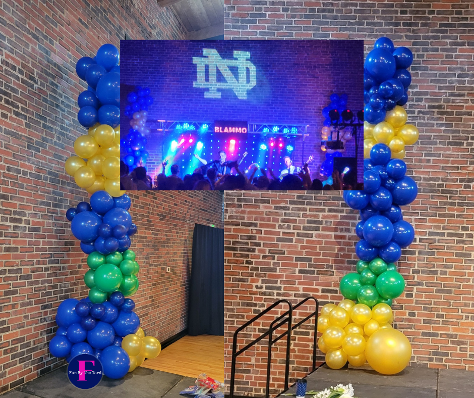 A brick wall with balloons and a screen that says nd on it. Organic balloon columns