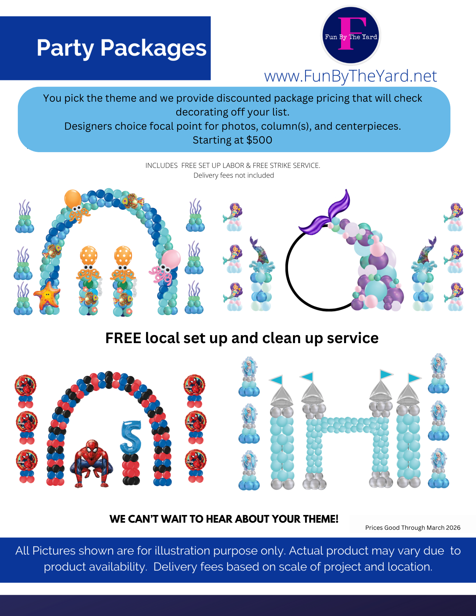 Flyer with party package options, including balloon arches, with a mermaid theme and a superhero theme.