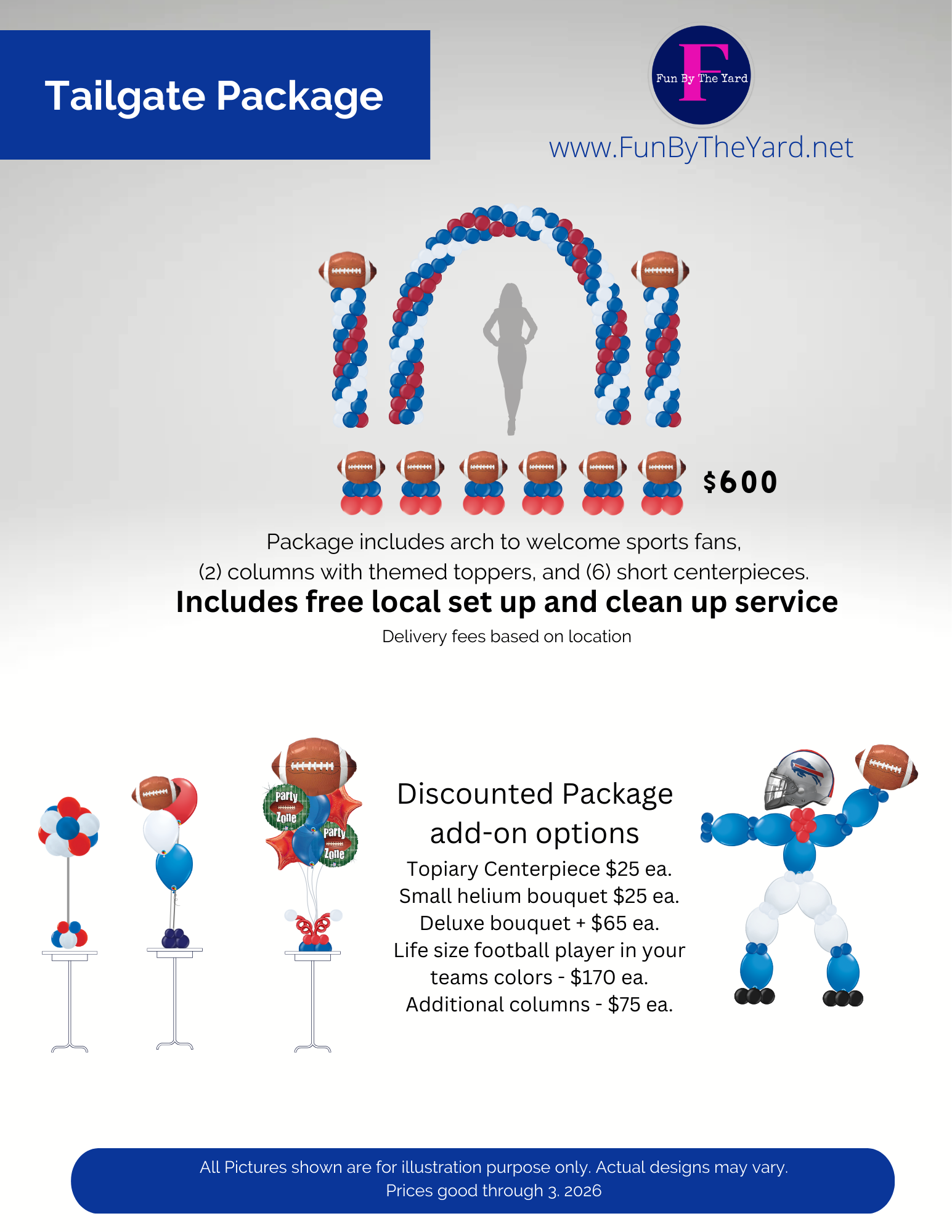 Blue tailgate package ad. Includes archway, columns, football balloons. Add-ons include football decor, figure.