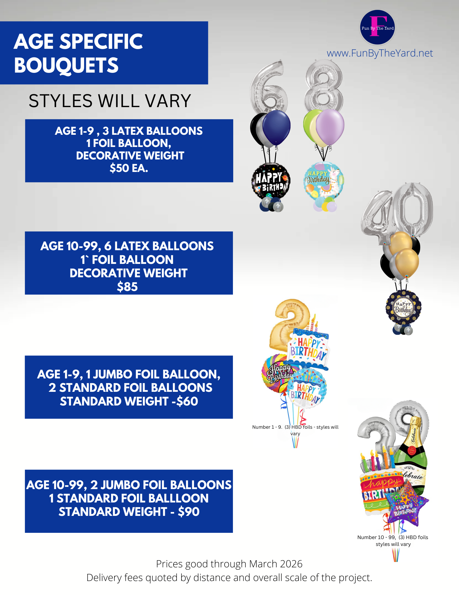 A woman is standing next to a bunch of blue balloons on a table.