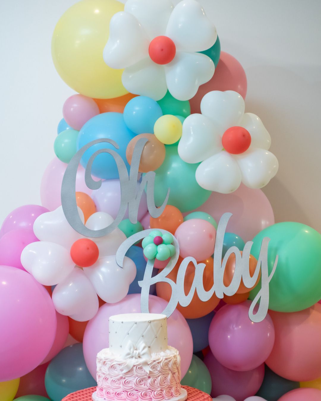 A cake is surrounded by balloons and a sign that says oh baby
