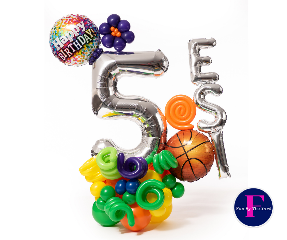 A balloon arrangement for a 5-year-old's birthday, with