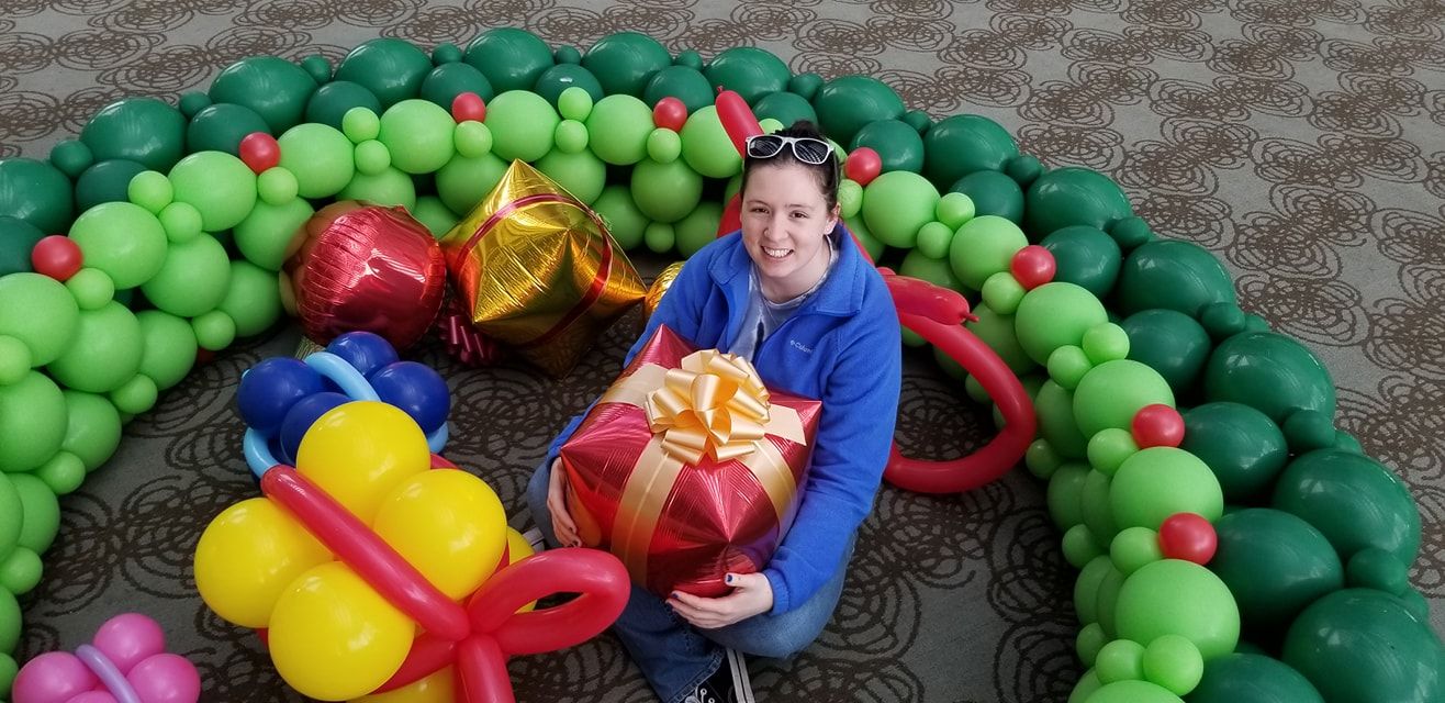 balloon Christmas wreathe and presents and Double Tree Hotel in South Bend