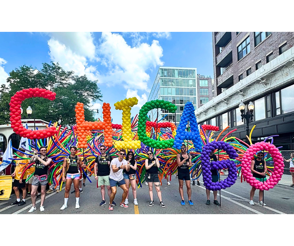 balloon letters spelling Chicago in the pride parade
