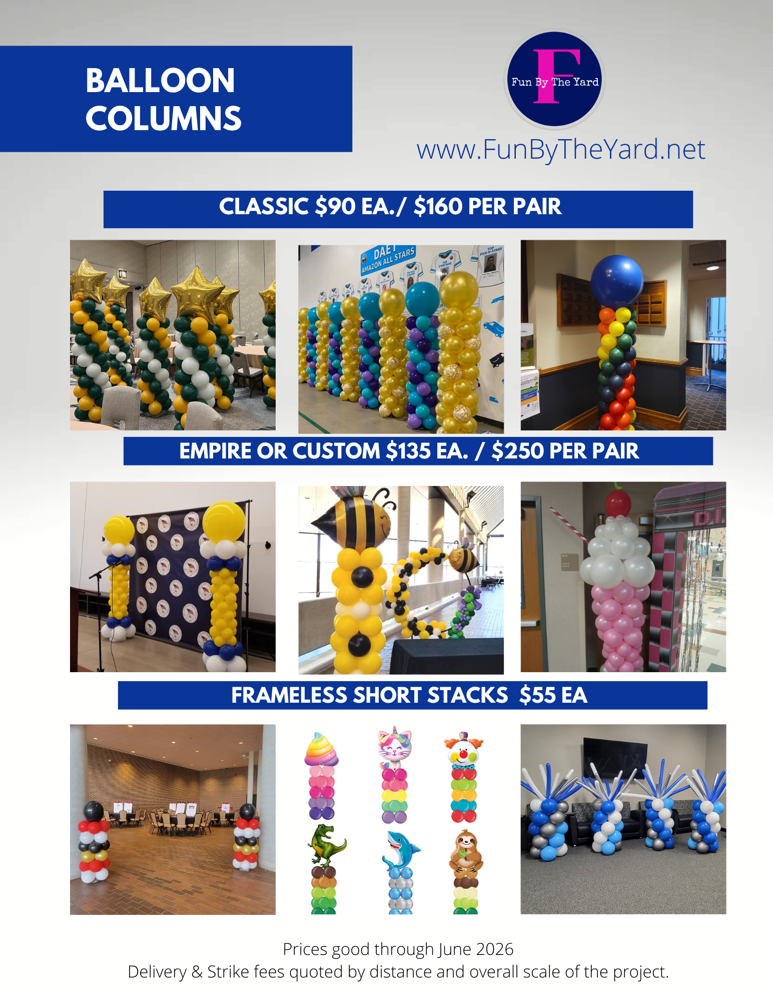 A flyer for balloon columns shows different types of balloons