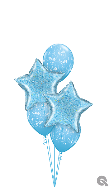 A bunch of blue balloons with stars on them