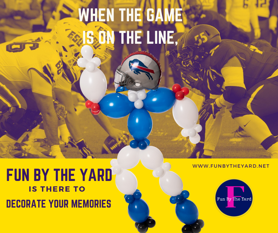 An advertisement for fun by the yard shows a football player made out of balloons