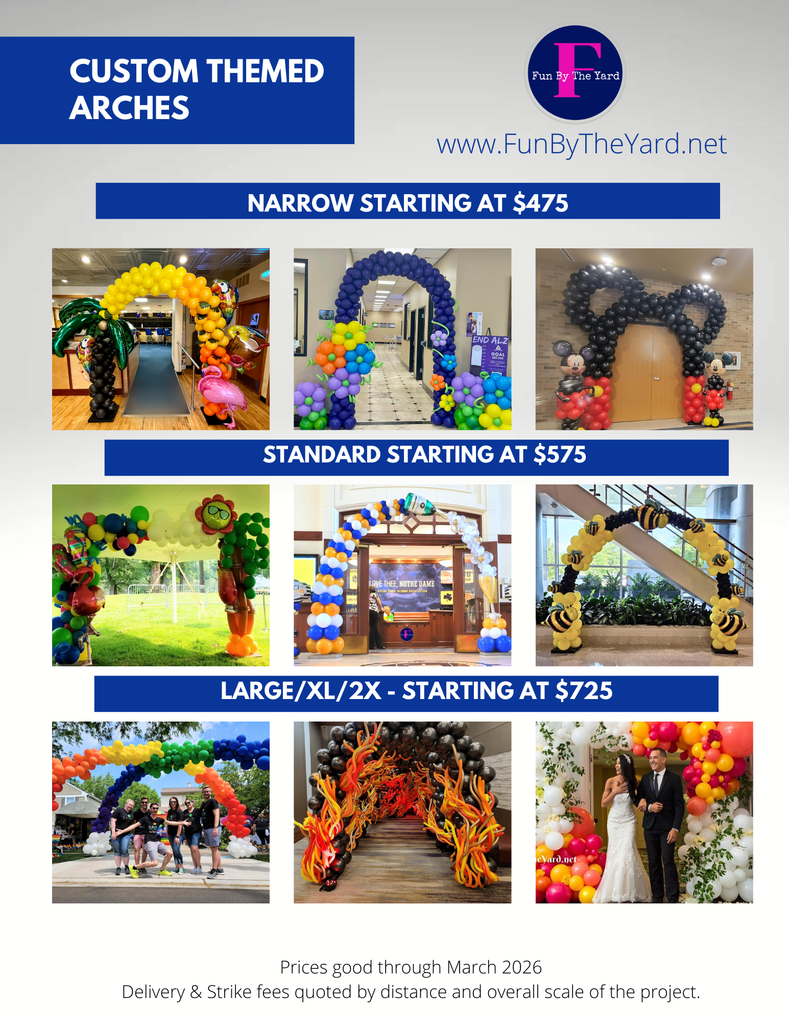 A flyer for custom themed arches , narrow starting at $ 400 and standard starting at $ 500.