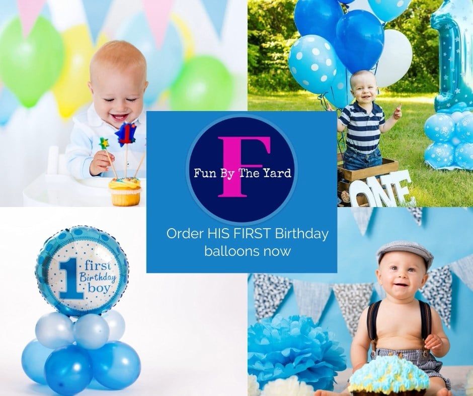 First birthday balloon decor advertisement, with babies, balloons, and text.