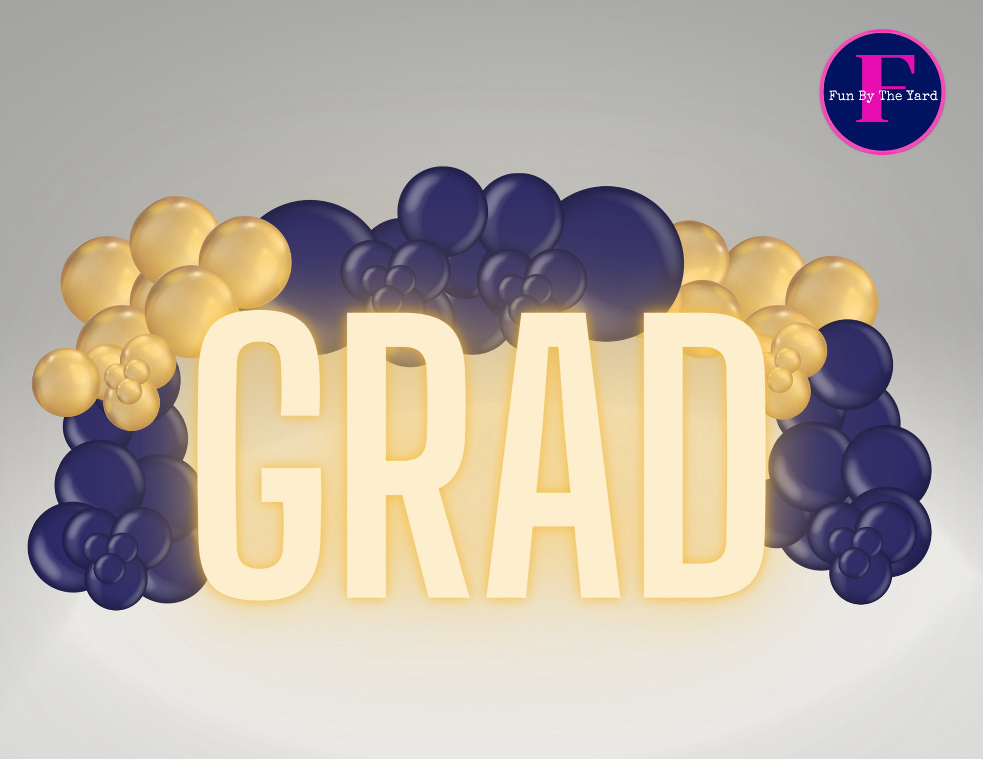 The word grad is surrounded by blue and gold balloons
