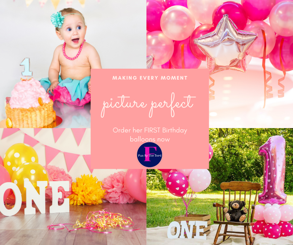 Baby's first birthday celebration: balloons, cake, and 