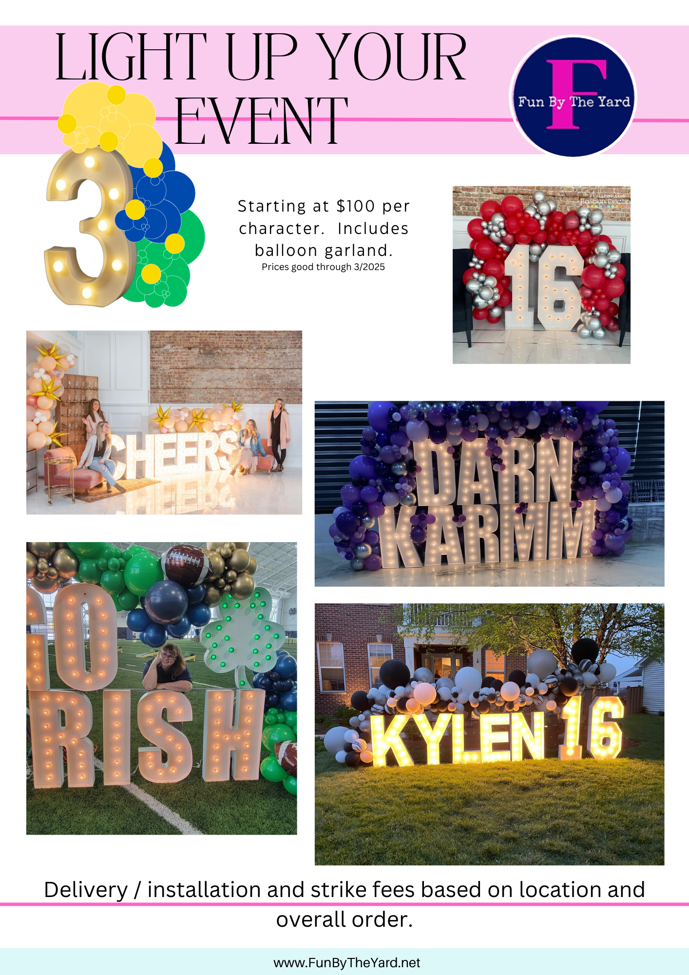 A flyer for a light up your event with balloons and letters.