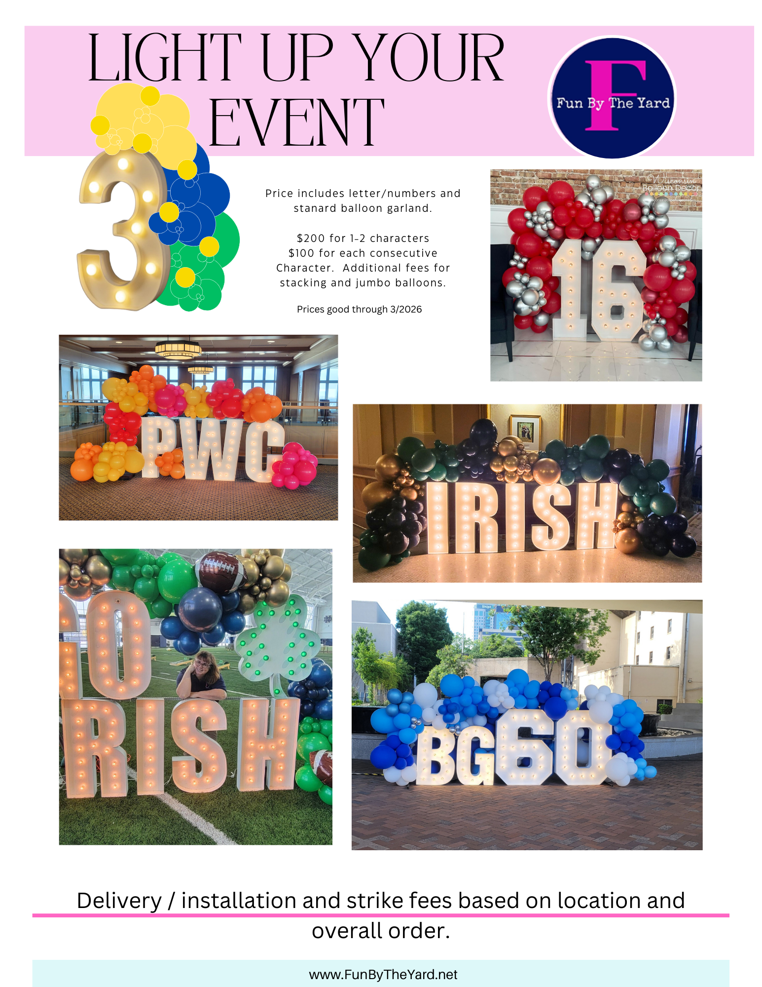 A flyer for a light up your event with balloons and letters.