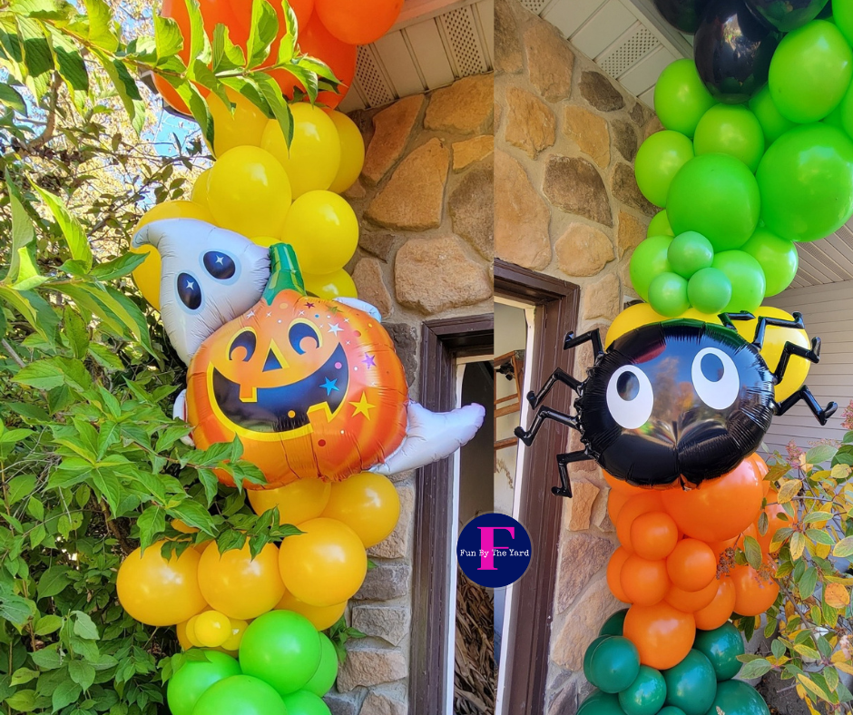 A ghost , pumpkin , and spider are among the balloons on a porch.