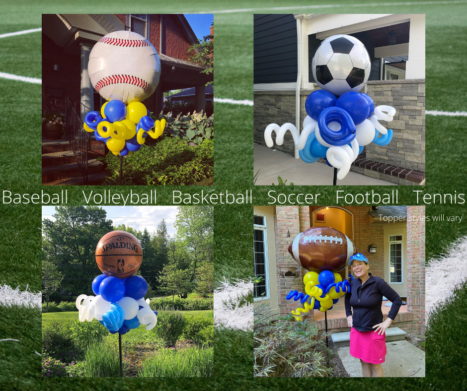 A woman is standing in front of a house decorated with balloons for different sports