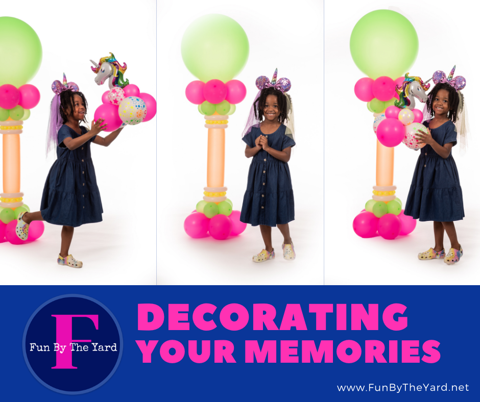 Child with unicorn balloons; balloon pillars, decorating concept.