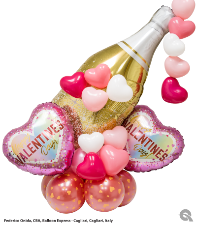 A valentine 's day balloon arrangement with a bottle of champagne