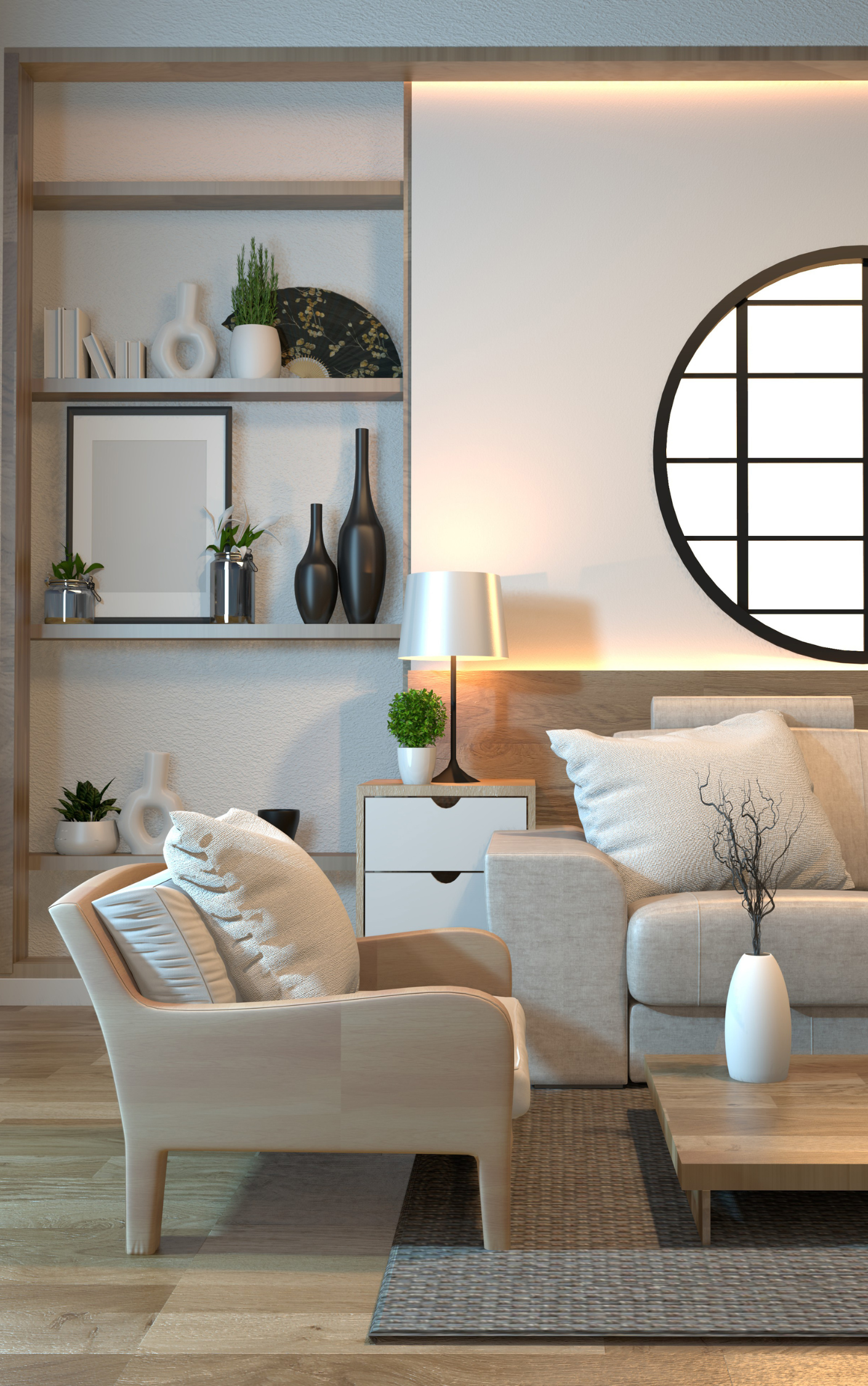 A living room with a couch , chair , coffee table and shelves.