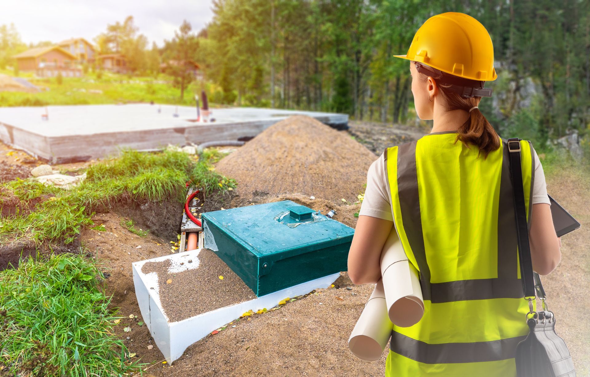 A woman in a hard hat and safety vest is standing in front of a construction site holding a blueprint.