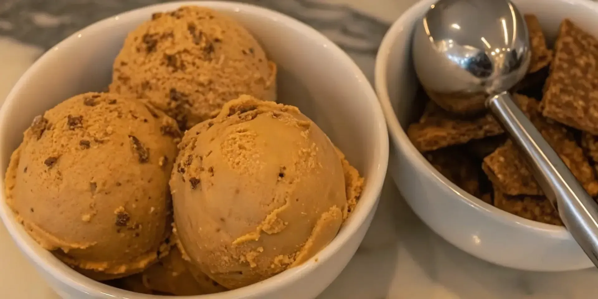 A bowl of homemade gingerbread ice cream with gingerbread cookie pieces.
