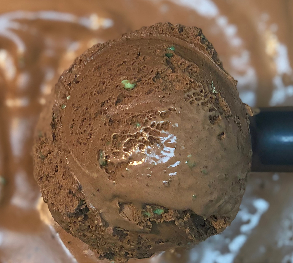 A close up of a scoop of chocolate ice cream
