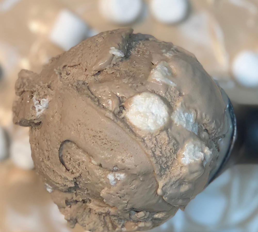 A scoop of chocolate ice cream with marshmallows on top