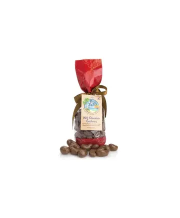 A bag of chocolate covered coffee beans on a white background.