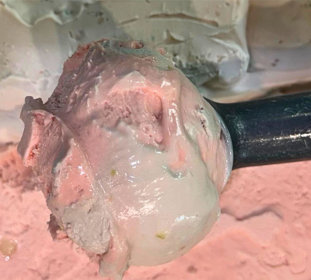 A close up of a scoop of ice cream on a white plate
