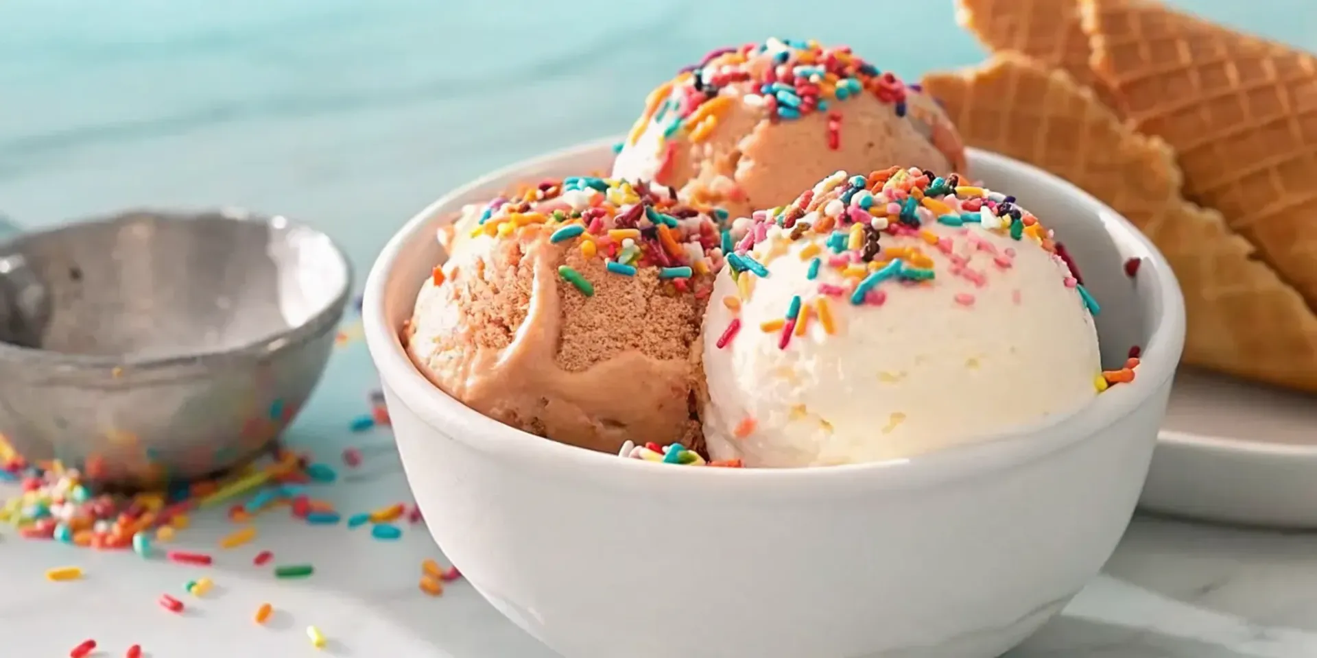 A bowl of birthday cake ice cream with colorful sprinkles.