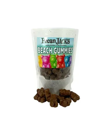 A bag of pecan jacks beach gummies on a white background.