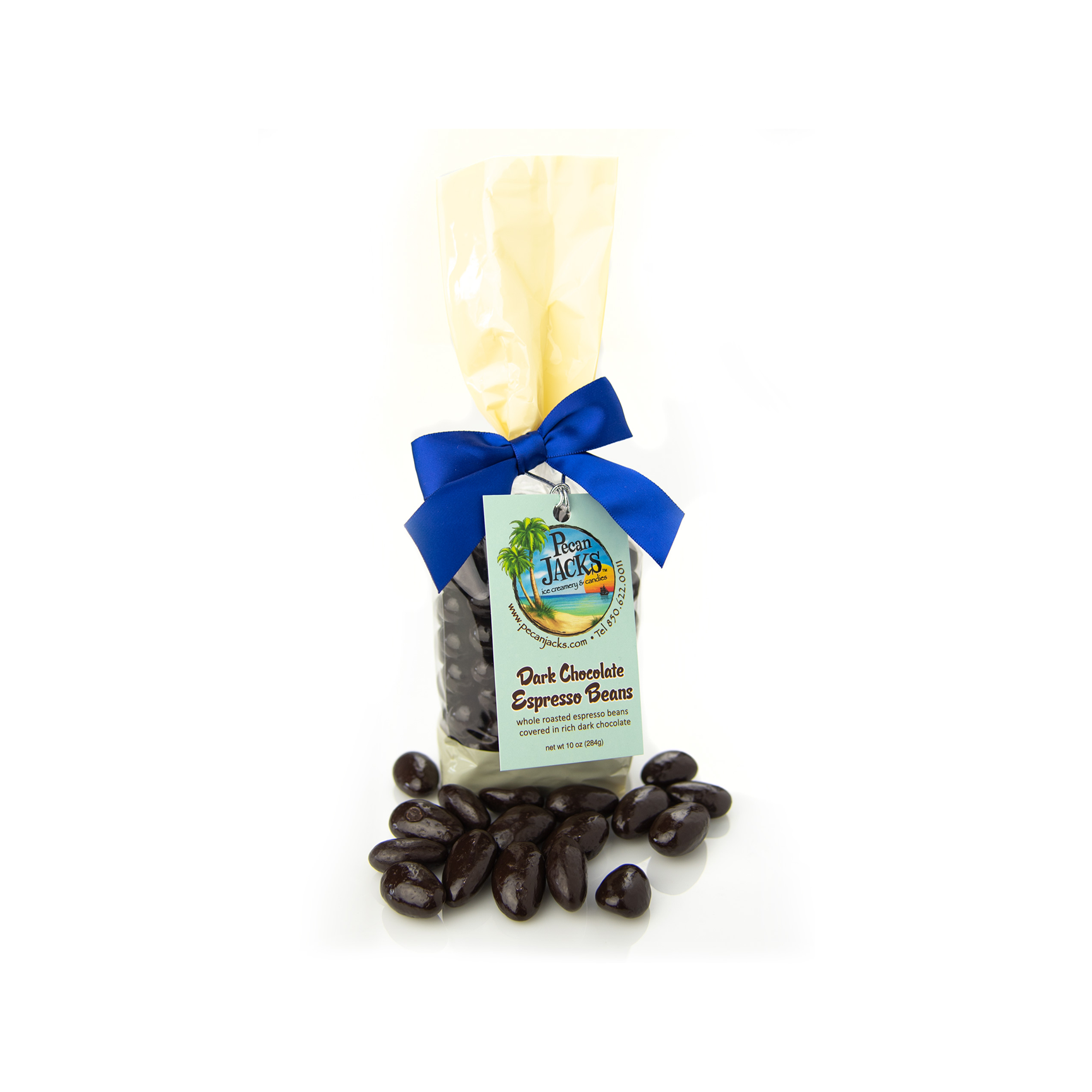 A bag of chocolate covered almonds with a blue bow