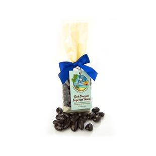 A bag of chocolate covered almonds with a blue bow