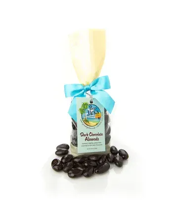 A bag of dark chocolate almonds with a blue bow.