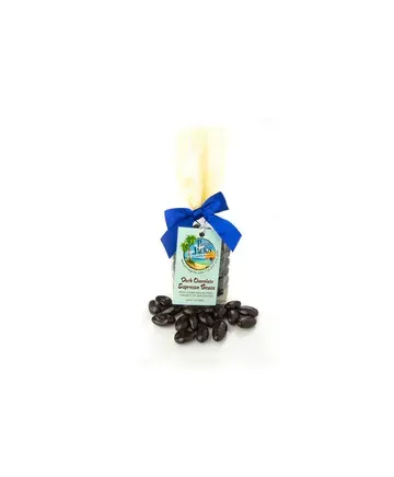 A bag of chocolate covered raisins with a blue bow on a white background.