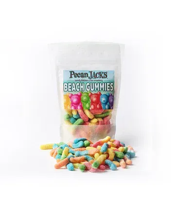 A bag of pecan jacks beach gummies on a white background.