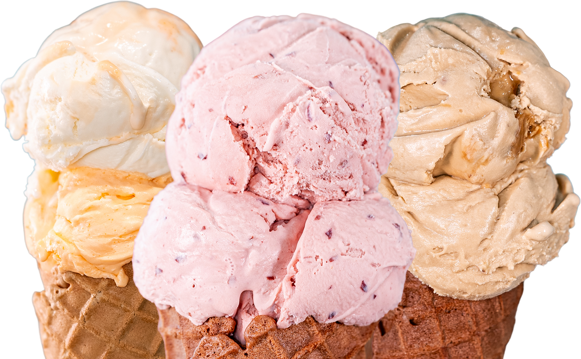 Three scoops of ice cream are in a waffle cone.