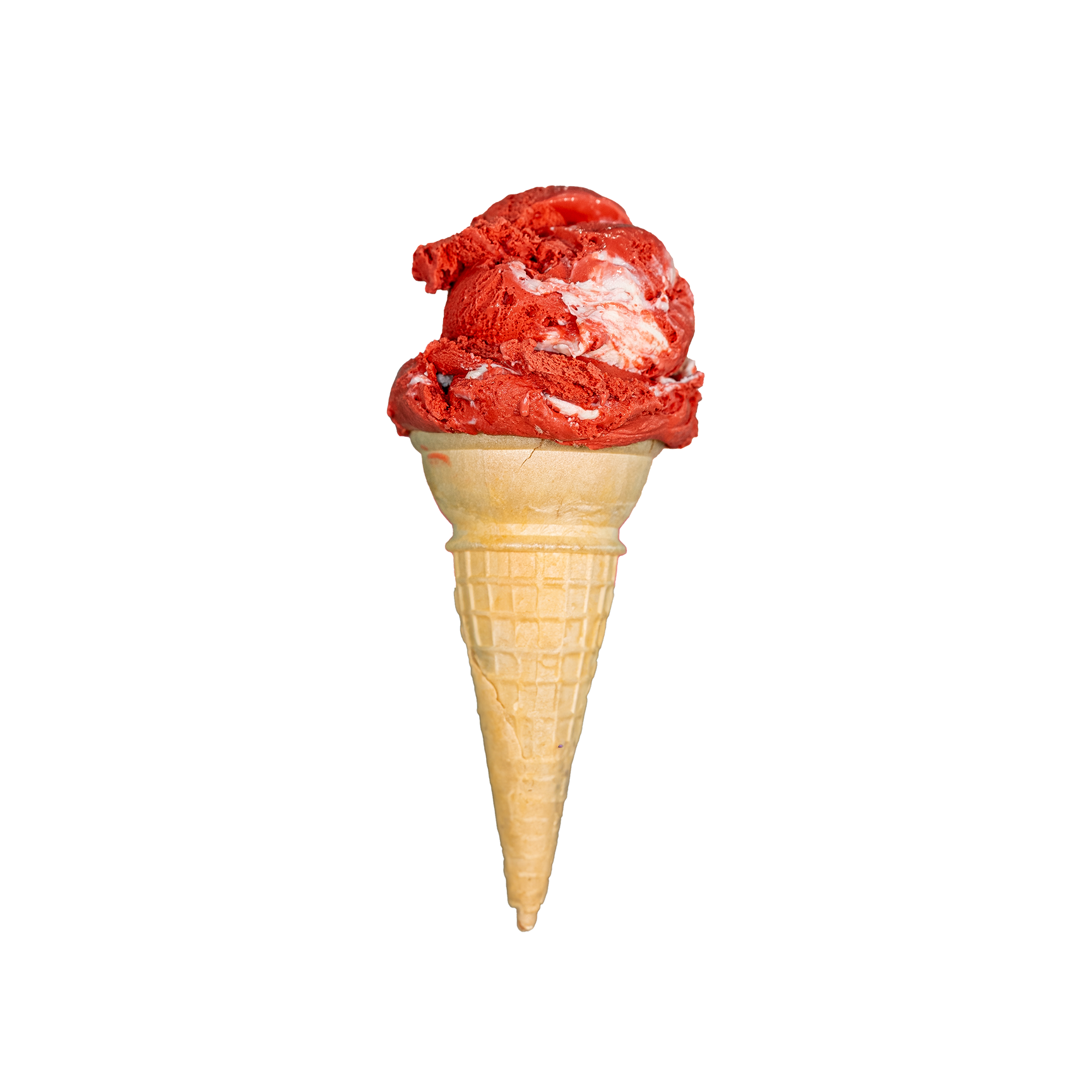 A strawberry ice cream cone on a white background