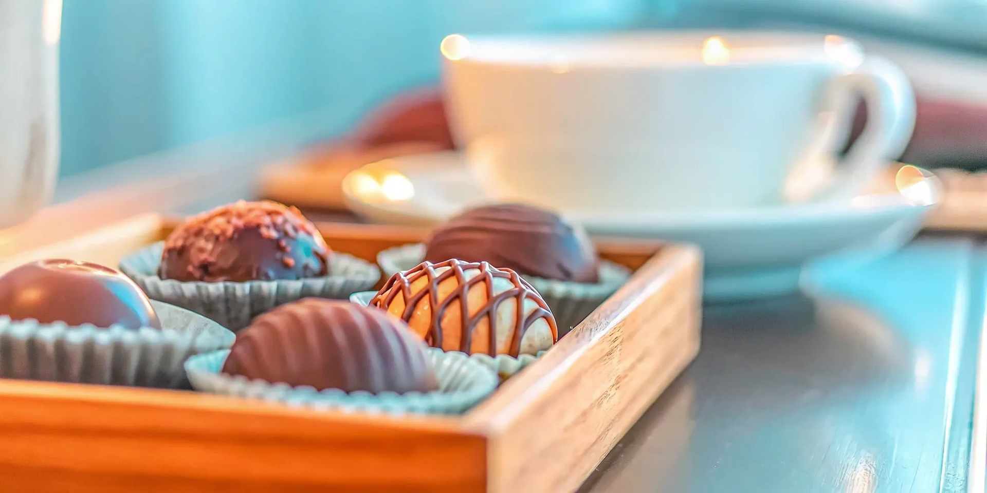 A wooden box of assorted gourmet chocolates from a top online shop.