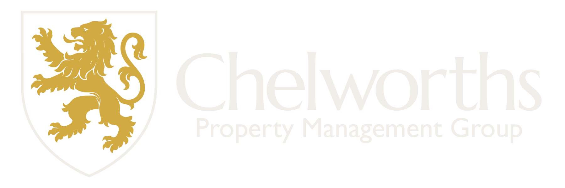 Gold lion emblem on white shield; "Chelworths Property Management Group" text.