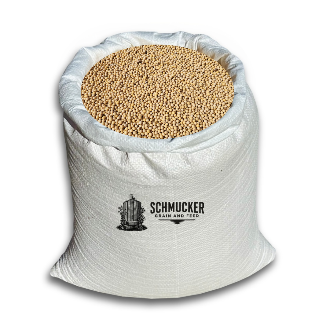 Bag of Schmucker grain pellets, white with logo, open and filled.