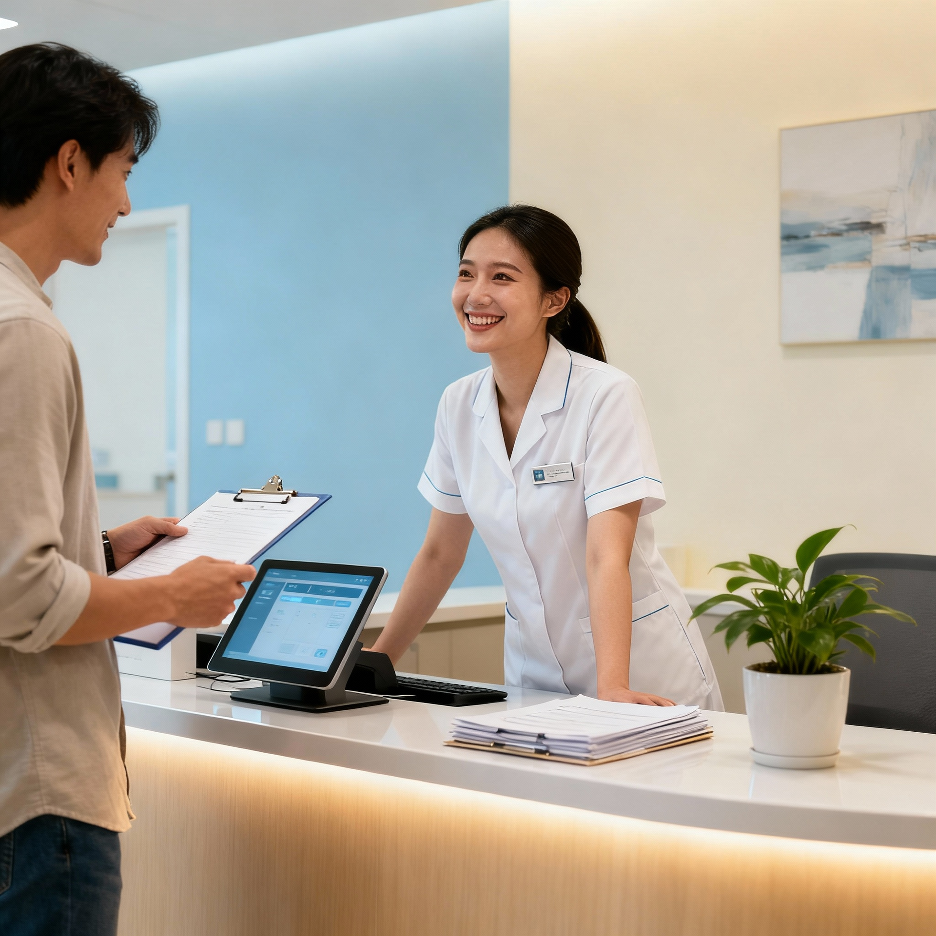 Man at a clinic reception desk with a smiling receptionist in a white uniform.