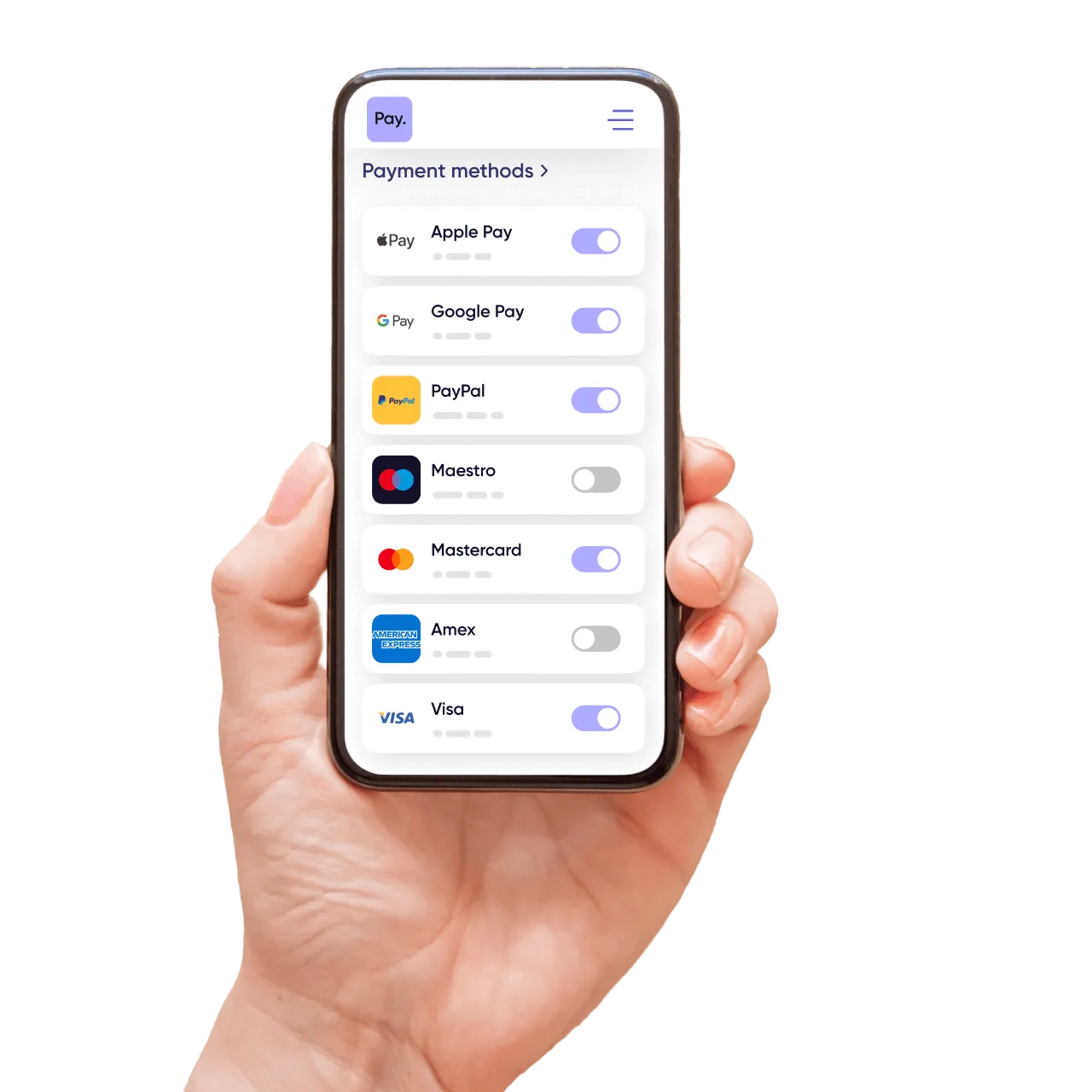 Hand holding a phone displaying a list of payment methods: Apple Pay, Google Pay, Paypal, etc.