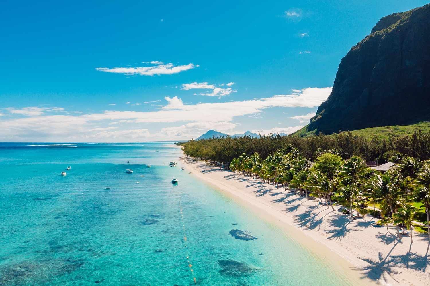 Turquoise water meets a white sand beach lined with palm trees under a bright blue sky, with a mountain in the background.