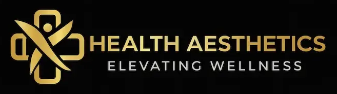 Golden logo of Health Aesthetics, with a cross-like shape and a person inside, the words 