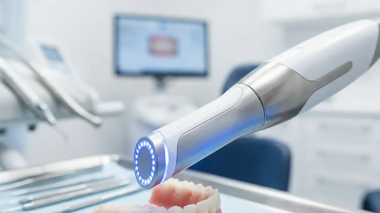 A dental intraoral scanner pointed at a model of teeth in a dental office setting.