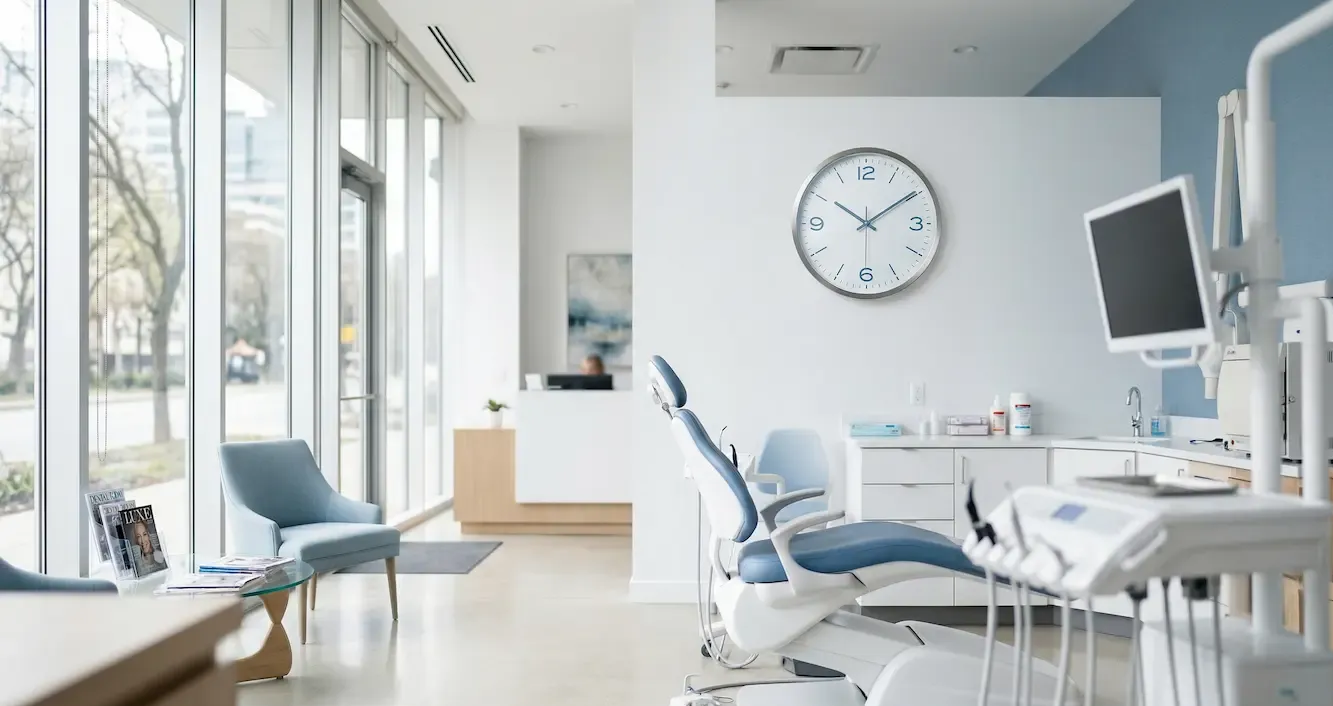 A modern, bright dental office with a patient chair, dental equipment, a wall clock, and a reception desk.