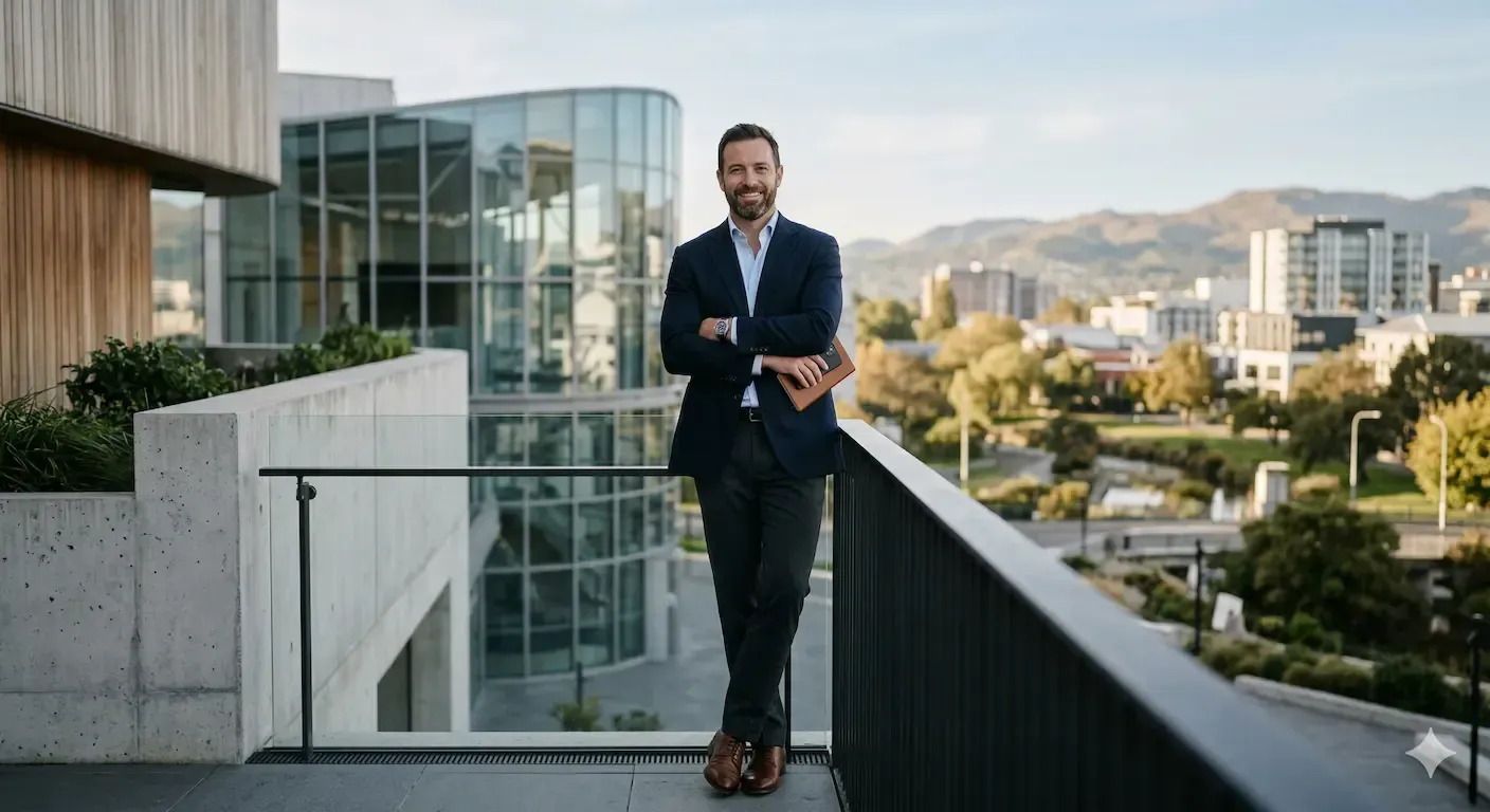 A man in a navy blazer and dark pants stands with arms crossed on a modern balcony overlooking a city park and buildings.