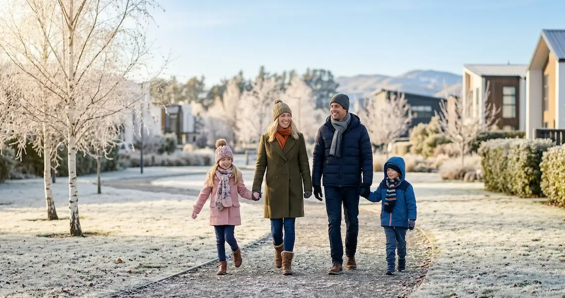 A family of four walking along a path lined with trees covered in frost on a sunny, winter day.